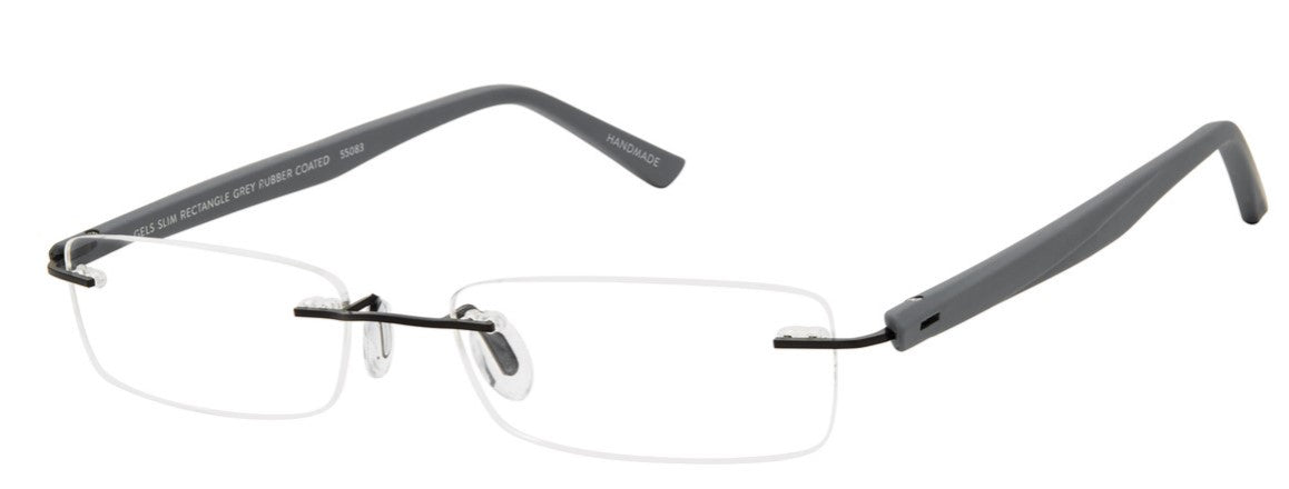 Scojo Gel Rimless Slim Rectangle in Midnight, Grey. Crystal, Tortoise or White Rubber Coated Frame