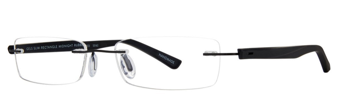 Scojo Gel Rimless Slim Rectangle in Midnight, Grey. Crystal, Tortoise or White Rubber Coated Frame