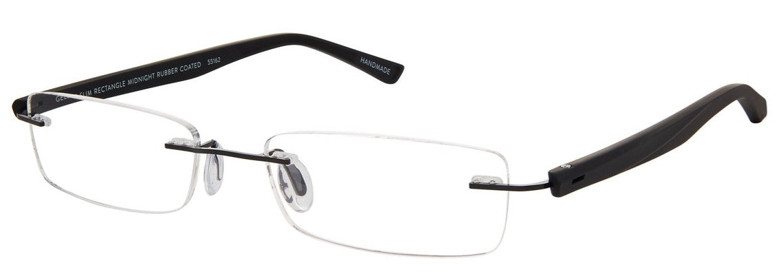 Scojo Gel Rimless Slim Rectangle in Midnight, Grey. Crystal, Tortoise or White Rubber Coated Frame