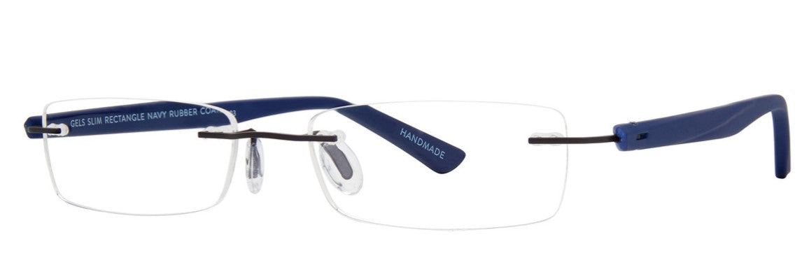 Scojo Gel Rimless Slim Rectangle in Midnight, Grey. Crystal, Tortoise or White Rubber Coated Frame