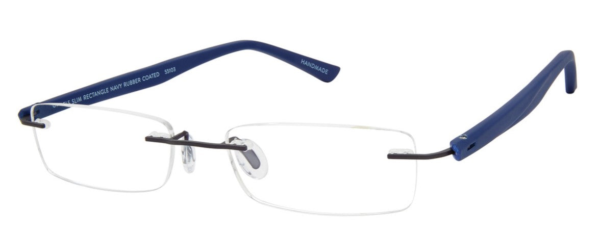 Scojo Gel Rimless Slim Rectangle in Midnight, Grey. Crystal, Tortoise or White Rubber Coated Frame