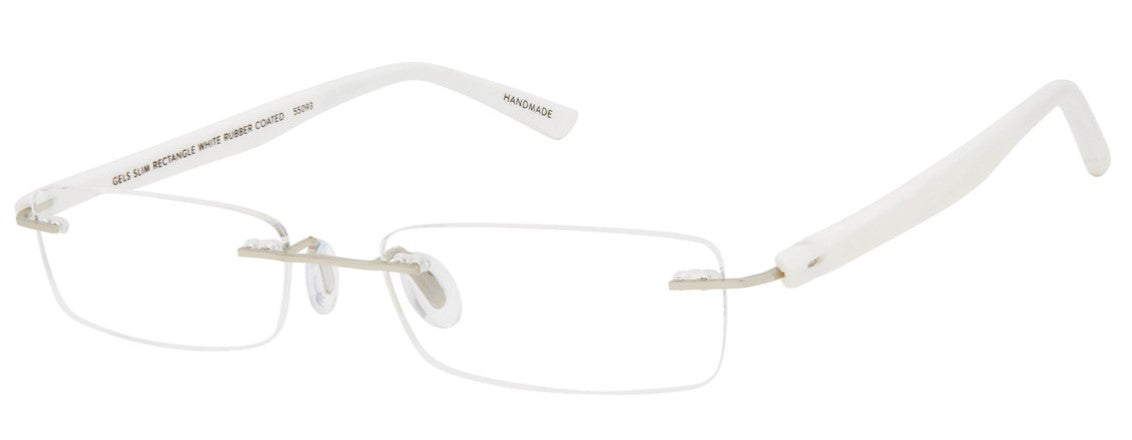 Scojo Gel Rimless Slim Rectangle in Midnight, Grey. Crystal, Tortoise or White Rubber Coated Frame