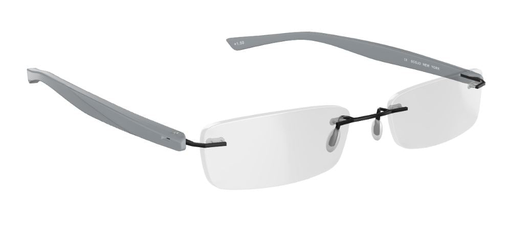Scojo Gel Rimless Slim Rectangle in Midnight, Grey. Crystal, Tortoise or White Rubber Coated Frame