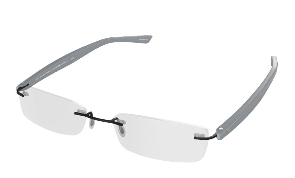 Scojo Gel Rimless Slim Rectangle in Midnight, Grey. Crystal, Tortoise or White Rubber Coated Frame