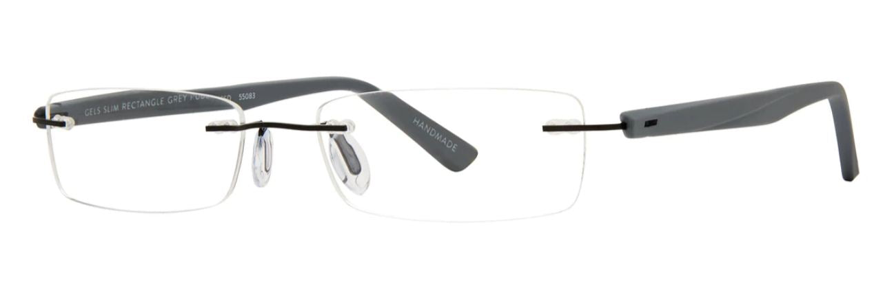 Scojo Gel Rimless Slim Rectangle in Midnight, Grey. Crystal, Tortoise or White Rubber Coated Frame