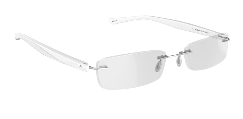 Scojo Gel Rimless Slim Rectangle in Midnight, Grey. Crystal, Tortoise or White Rubber Coated Frame
