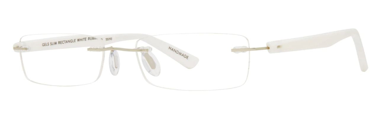 Scojo Gel Rimless Slim Rectangle in Midnight, Grey. Crystal, Tortoise or White Rubber Coated Frame
